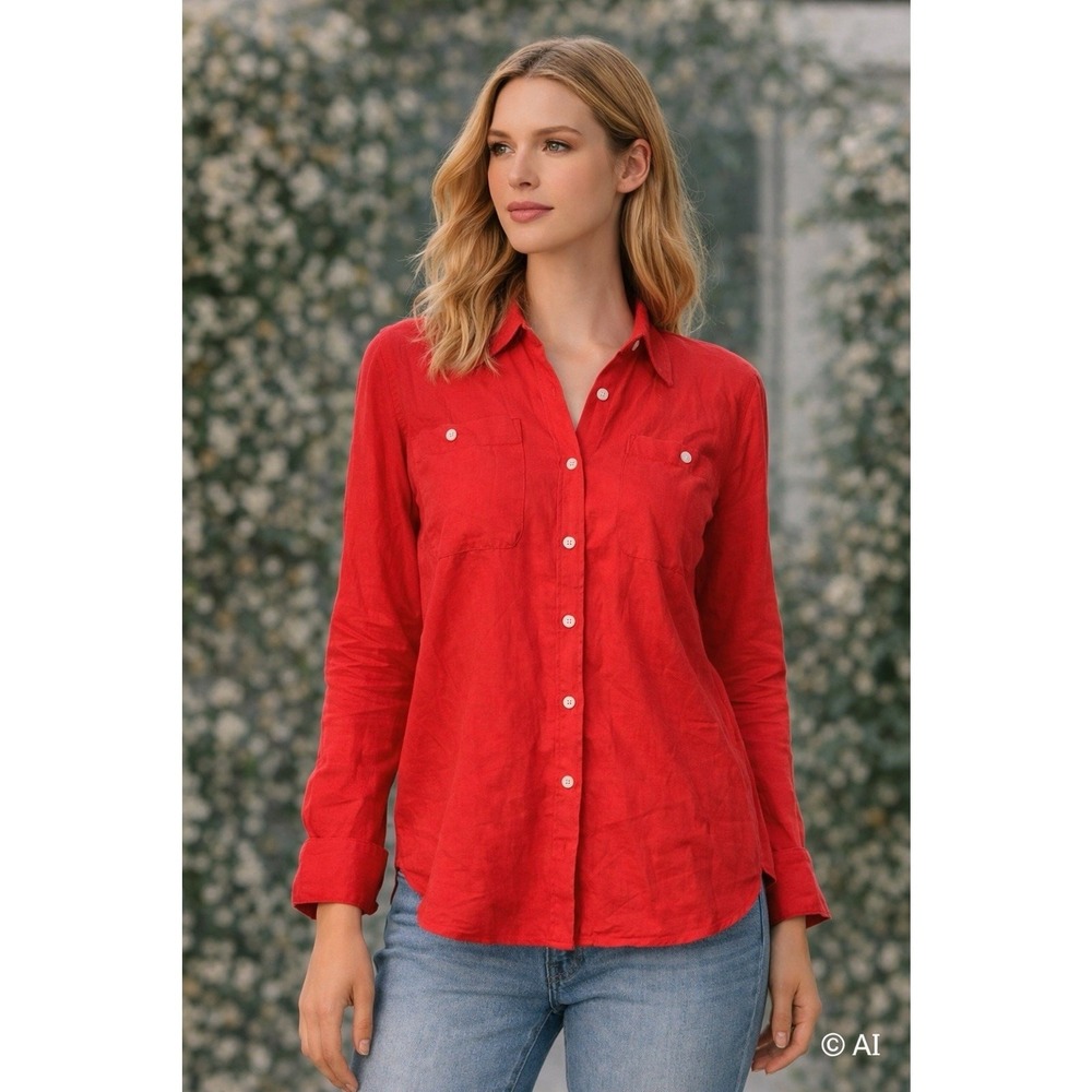 Lauren Ralph Lauren Petite Red 100% Linen Button Down Shirt L Petite